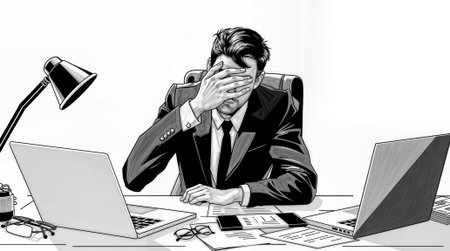 Stressed businessman at desk with laptop and financial documents during work hoursの素材