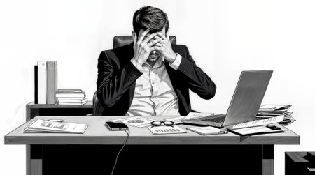 Stressed businessman at desk with laptop and financial documents during work hoursの素材