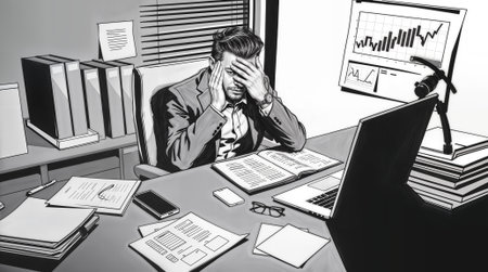 A man in a suit sits at his desk, looking stressed while working on his laptop. Financial graphs are visible on the walls, alongside various documents stacked nearby.の素材