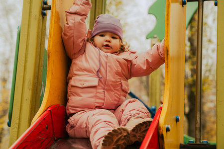 Child enjoys sliding down vibrant slide in a colorful park during autumn.の写真素材