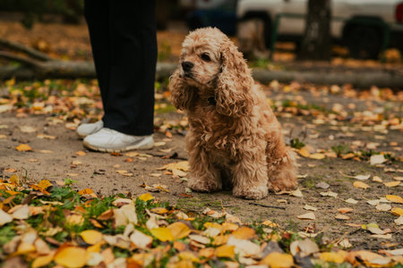 A charming spaniel sits on a path covered with colorful autumn leaves. Nearby, a person stands, enjoying a peaceful moment in the park on a crisp dayの写真素材