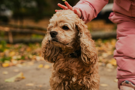 A friendly spaniel stands still as a child in pink outerwear gently pets its head. The background features colorful autumn leaves, creating a warm, inviting atmosphere.の写真素材