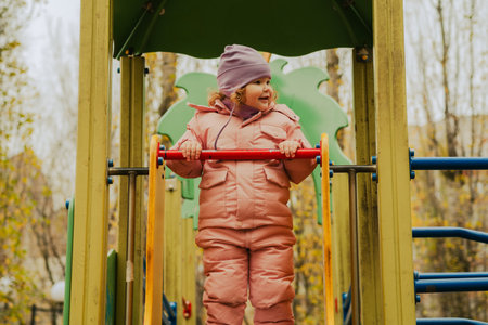Child dressed in warm winter clothes climbs and balances on playground equipment surrounded by trees with autumn leaves. Bright colors create a joyful scene.の写真素材