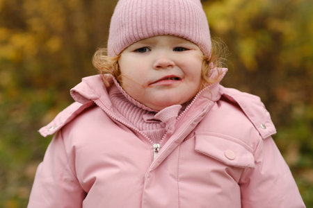 Child With Curly Hair and Pink Winter Clothing Making a Funny Face in a Grassy Park During a Chilly Dayの写真素材