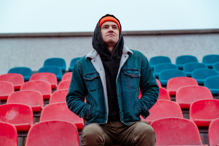 A man stands alone in a nearly empty stadium wearing a denim jacket and an orange beanie He appears deep in thought while looking around the cold colorful seats.の写真素材