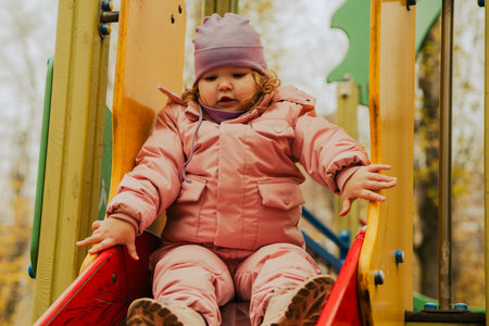 Child enjoys sliding down vibrant slide in a colorful park during autumn.の写真素材