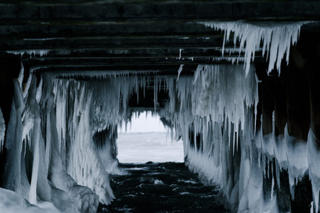 A dramatic winter scene under a pier: icicles hang from concrete pillars, forming a natural ice tunnel over flowing water. The cold, moody atmosphere captures the raw beauty of frozen nature.の写真素材