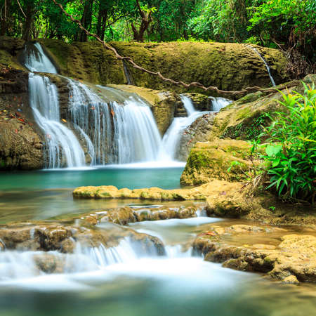 Deep forest waterfall in Huay Mae Kamin Kanjanaburi Thailandの写真素材