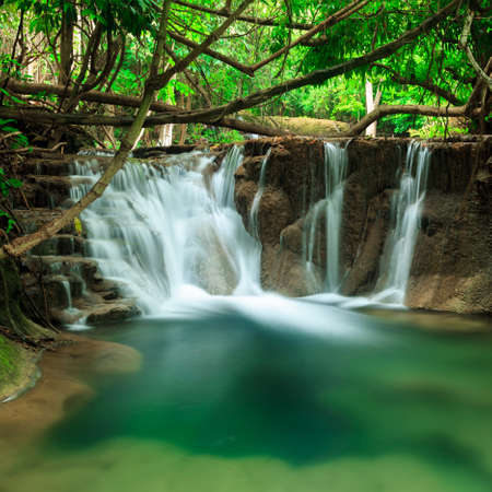 Deep forest waterfall in Huay Mae Kamin Kanjanaburi Thailandの写真素材