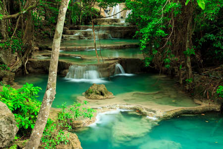 Deep forest waterfall in Huay Mae Kamin Kanjanaburi Thailandの写真素材