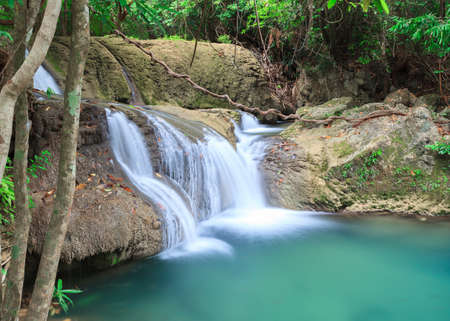 Deep forest waterfall in Huay Mae Kamin Kanjanaburi Thailandの写真素材