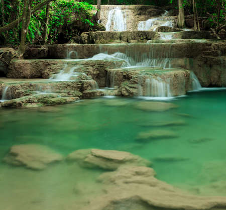 Deep forest waterfall in Huay Mae Kamin Kanjanaburi Thailandの写真素材