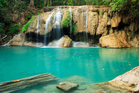 Deep forest waterfall at Erawan waterfall National Park Kanjanaburi Thailandの写真素材