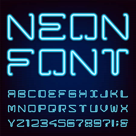 Neon Blue Light Alphabet Vector Font. Techno style blue neon tube letters on dark background. Type letters numbers and punctuation marks.のイラスト素材