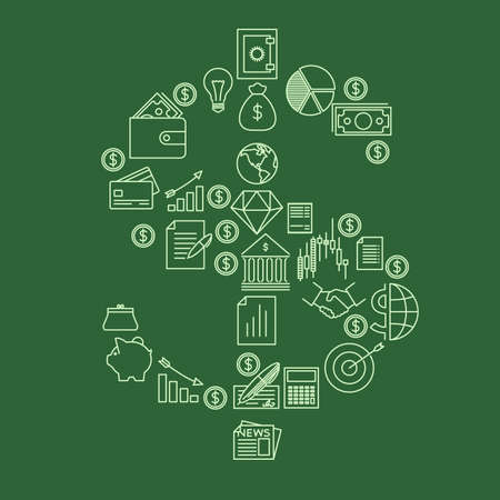 sign made of finance and banking icons Stock Vector Vector dollar sign made of different outline finance and banking icons on the green backgroundのイラスト素材
