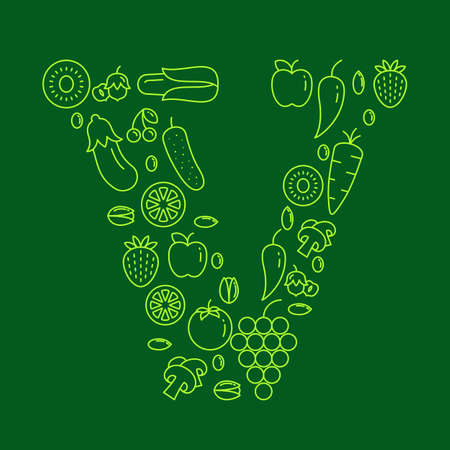 Letter V made of fruits and vegetables Stock Vector Vector V sign made of different outline fruits and vegetables icons on the green backgroundのイラスト素材