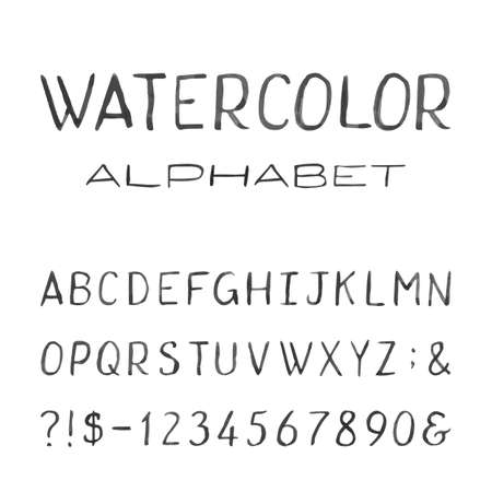 Watercolor Alphabet. Painted Vector Font. Handpainted black watercolor letters on the white background. Type letters numbers and punctuation marks.のイラスト素材