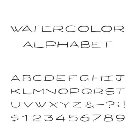 Watercolor Alphabet. Painted Vector Font. Handpainted black watercolor letters on the white background. Type letters numbers and punctuation marks.のイラスト素材