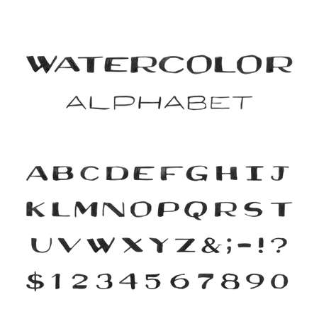 Watercolor Alphabet. Painted Vector Font. Handpainted black watercolor letters on the white background. Type letters numbers and punctuation marks.のイラスト素材
