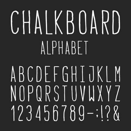 Chalkboard Alphabet Vector Font. Type letters numbers and punctuation marks. Distressed chalk vector font on the dark background. Hand drawn letters.のイラスト素材