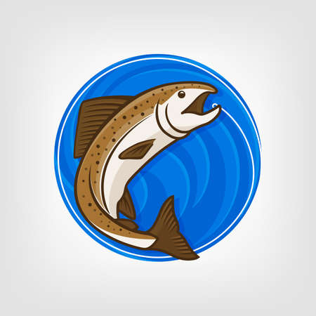 Fishing   template Vector Illustration. Vector fishing  . Catching salmon fish on the hook. Round blue background.のイラスト素材
