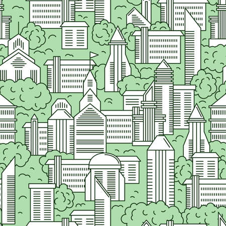 City landscape vector seamless pattern. Vector illustration of a city landscape with green trees. Seamless pattern in the outline style.のイラスト素材