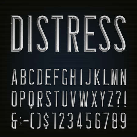 Metal Beveled Distressed Narrow Font. Vector Alphabet. Metal effect beveled and distressed narrow letters, numbers and punctuation marks. Stock vector for your headlines, posters etc.のイラスト素材