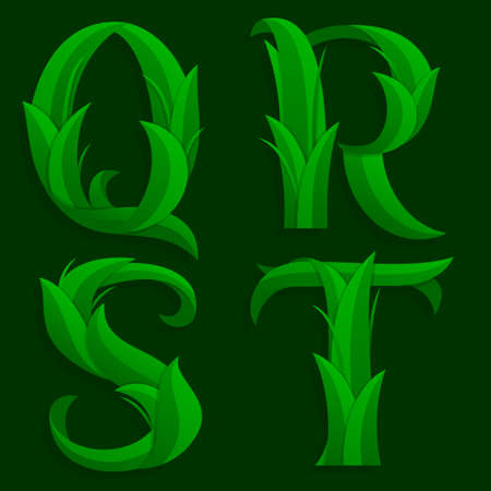Decorative Grass Initial Letters Q, R, S, T. Vector illustration of alphabet letters in caps, the Q, R, S, T in the grass design over a dark green background.のイラスト素材