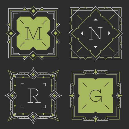 The set of stylish graceful monogram emblem templates. Vector illustration. The set of monogram emblem templates. Elegant frames ornament logo design in line style with letters and other design elements. Square shaped.のイラスト素材