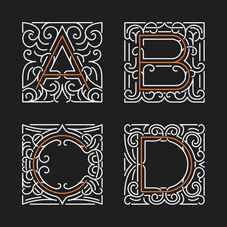 The set of monogram emblem templates. Elegant frames ornament  design in line style with letters A, B, C, D. Vector Illustration.のイラスト素材