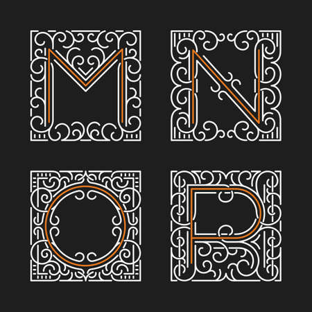 The set of monogram emblem templates. Elegant frames ornament logo design in line style with letters M, N, O, P. Vector Illustration.のイラスト素材