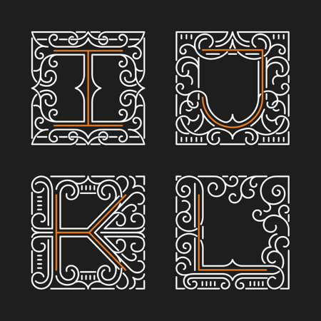 The set of monogram emblem templates. Elegant frames ornament logo design in line style with letters I, J, K, L. Vector Illustration.のイラスト素材