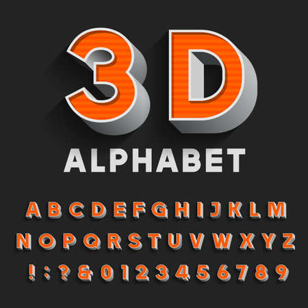3D retro type font with shadow. Vector Alphabet. 3D effect vintage letters, numbers and punctuation marks. Stock vector for your headlines, posters etc.のイラスト素材