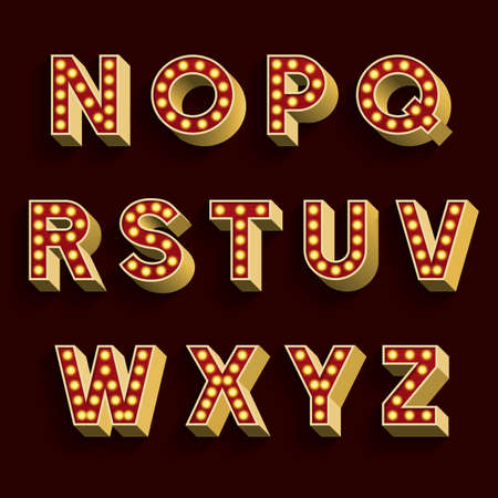 Retro Light Bulb Alphabet Vector Font. Part 2 of 3. Letters N - Z. 3D retro type letters with light bulbs and shadow on a dark background.のイラスト素材