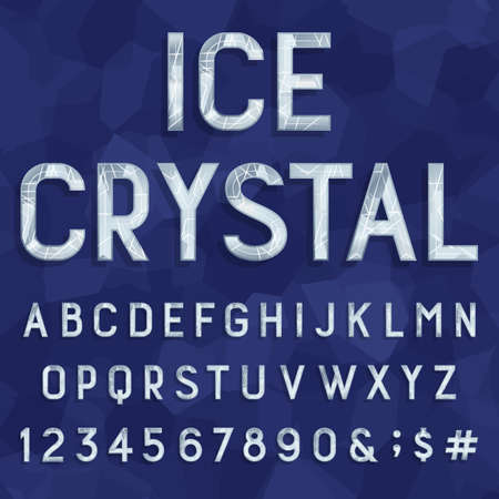 Crystal ice type font. Vector Alphabet. Frozen ice letters, numbers and punctuation marks on a crystal background. Stock vector for your headlines, posters etc.のイラスト素材