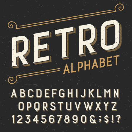 Retro alphabet vector font. Serif type letters, numbers and symbols. on a dark distressed scratched background. Stock vector typography for labels, headlines, posters etc.のイラスト素材
