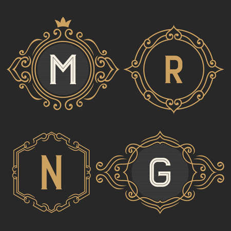 The set of stylish vintage monogram emblem and logo templates. Elegant retro business sign, identity, label for hotel, cafe, boutique, jewelry. Stock vector.のイラスト素材