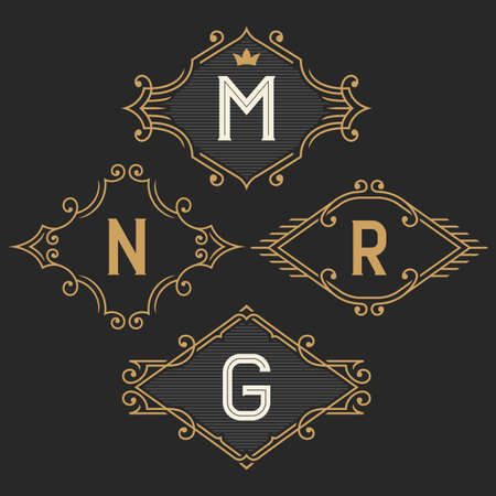 The set of elegant vintage monogram emblem and logo templates. Stylish retro business sign, identity, label for hotel, cafe, boutique, jewelry. Stock vector.のイラスト素材