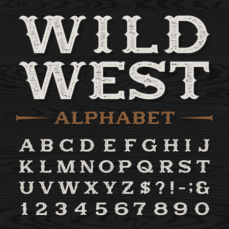Western style retro distressed alphabet vector font. Serif type dirty letters, numbers and symbols on a dark wood textured background. Vintage vector typography for labels, headlines, posters etc.のイラスト素材
