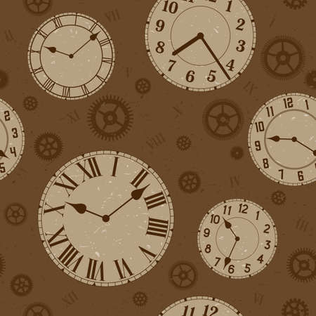 Clocks and gears vector distressed seamless pattern. Sepia colors.のイラスト素材
