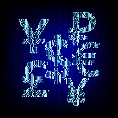 Cyber money concept. Circuit board currency symbols on the digital high tech style vector background.のイラスト素材