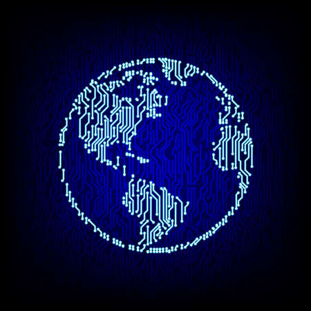 Global networking concept. Circuit board globe icon on the digital high tech style vector background.のイラスト素材