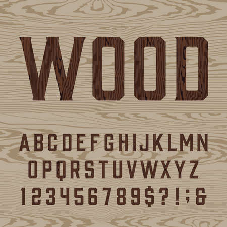 Wooden retro alphabet vector font. Type letters, numbers and symbols on the light wood background. Vintage vector typography for labels, headlines, posters etc.のイラスト素材