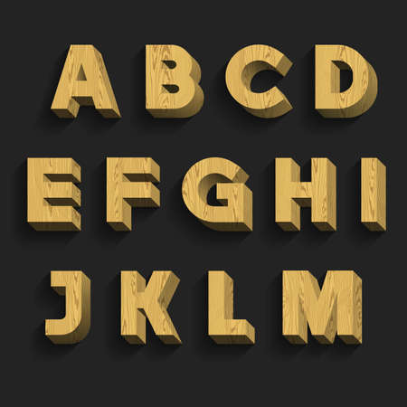 Wood Alphabet Vector Font. Part 1 of 3. Letters A - M. 3D wooden letters with shadow on a dark background.のイラスト素材