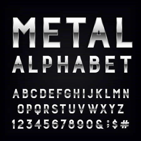 Metal Alphabet Vector Font. Type letters, numbers and punctuation marks. Chrome effect letters on dark background. Vector typeset for headlines, posters etc.のイラスト素材