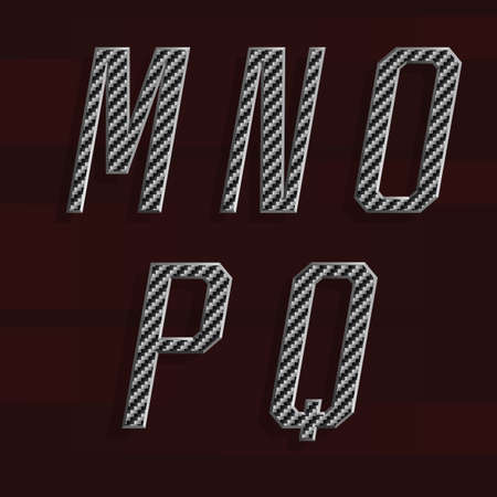 Carbon fiber Alphabet Vector Font. Part 3 of 6. Letters M - Q. Carbon fiber effect letters with metal bevel. Vector typeset for headlines, posters etc.のイラスト素材