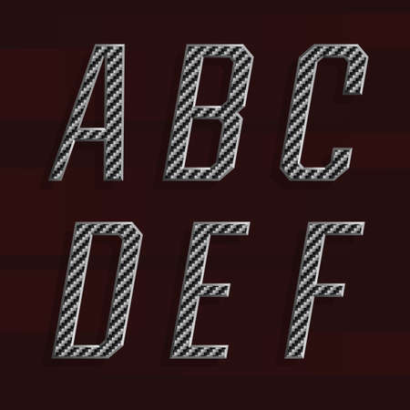 Carbon fiber Alphabet Vector Font. Part 1 of 6. Letters A - F. Carbon fiber effect letters with metal bevel. Vector typeset for headlines, posters etc.のイラスト素材