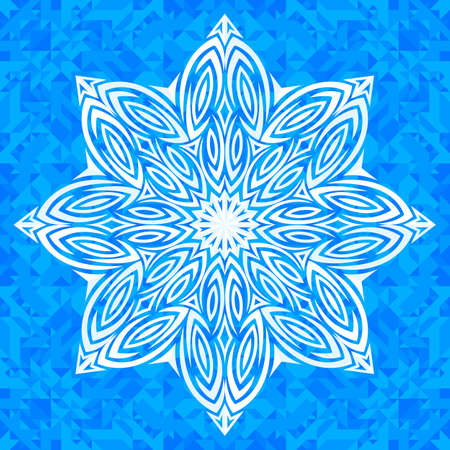 Vector ornate snowflake on the blue symmetrical polygonal background.のイラスト素材