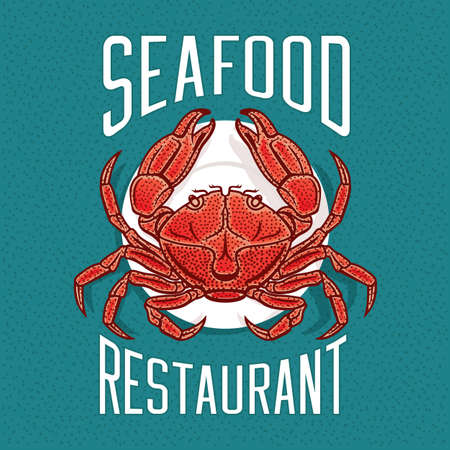 Vector illustration of crab on a plate in vintage style. Seafood Restaurant   emblem template.のイラスト素材