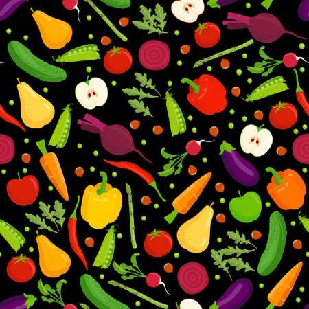 Organic food seamless pattern. Vector fruit and vegetables on a black background.のイラスト素材